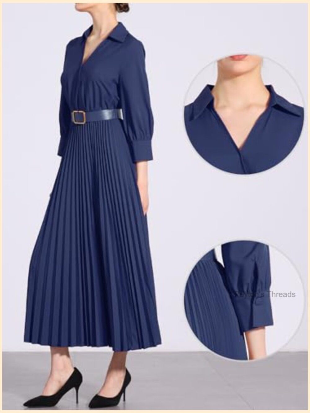 Dressy Casual Pleated Maxi Dress with 3/4 Sleeves, Collared V-Neck, Belted - Picture 4 of 5